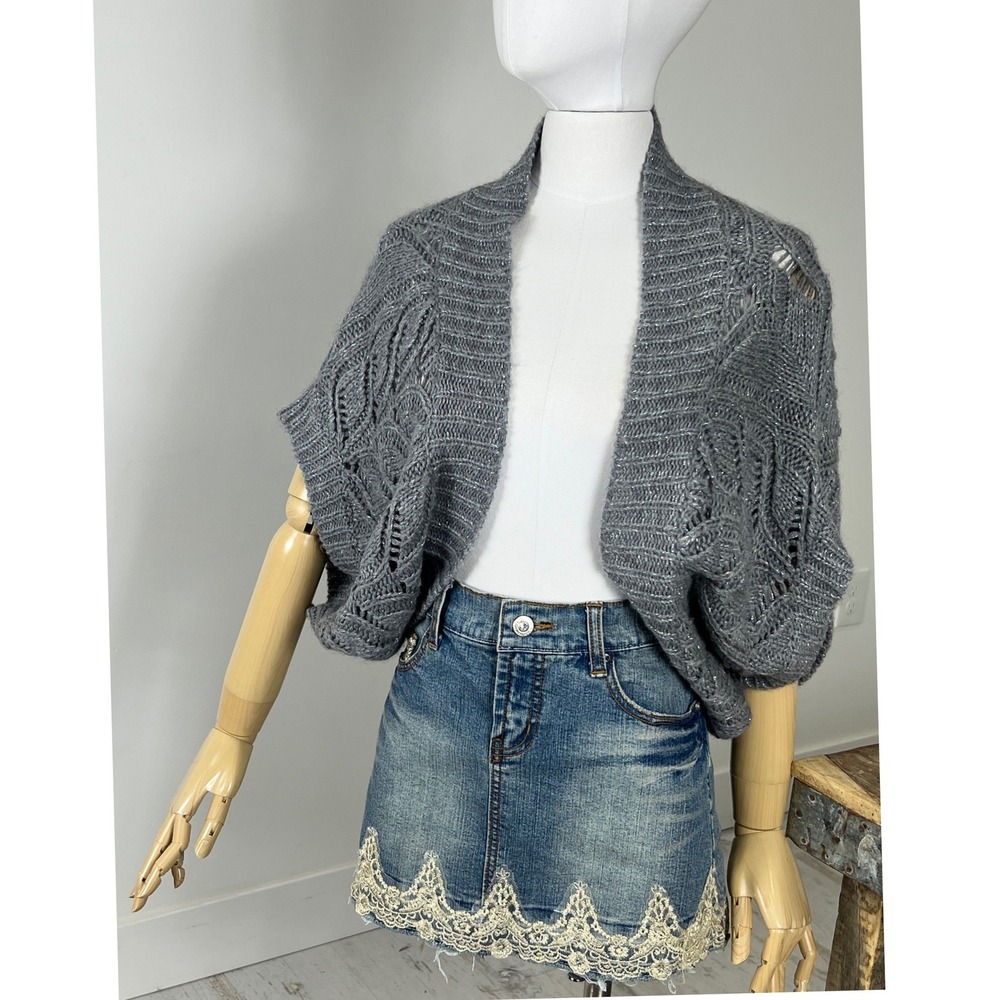 XXI Gray Metallic Knit Shrug Bolero Sweater Short Batwing Cocoon Cardigan S